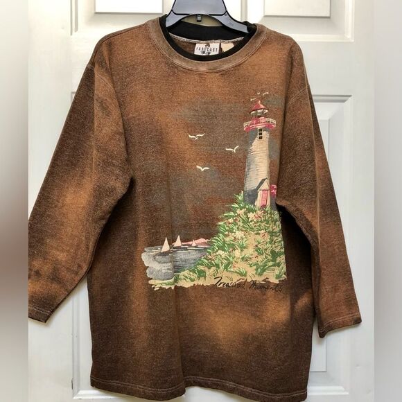VINTAGE FORECAST SWEATSHIRT SIZE 2X BROWN GRAPHIC LIGHTHOUSE PULL OVER - Picture 1 of 7
